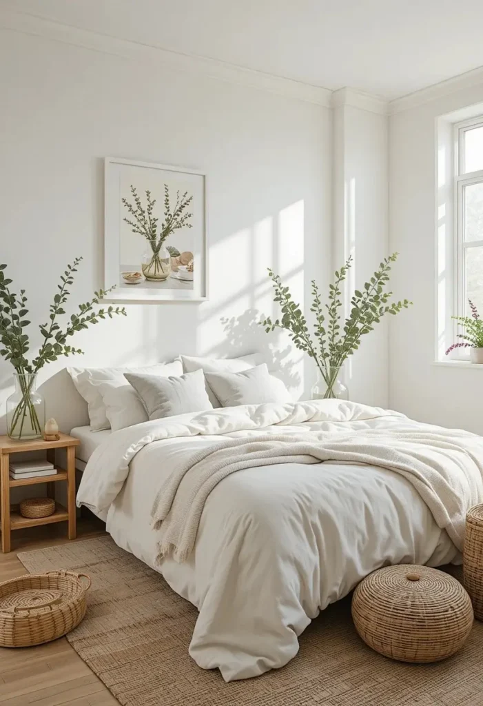 Indoor greenery adding fresh contrast to a bright white bedroom.