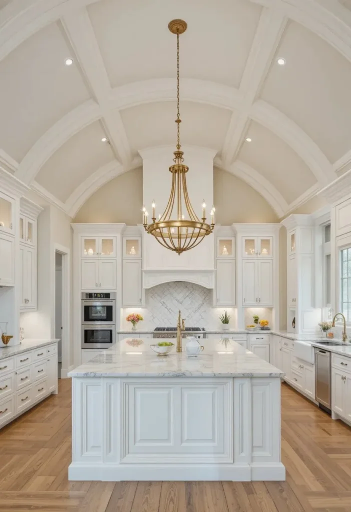 Elegant chandelier hanging beneath a soaring vaulted kitchen ceiling.