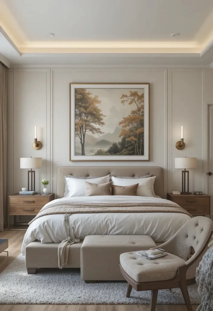 Modern couples bedroom featuring meaningful artwork as the focal point.