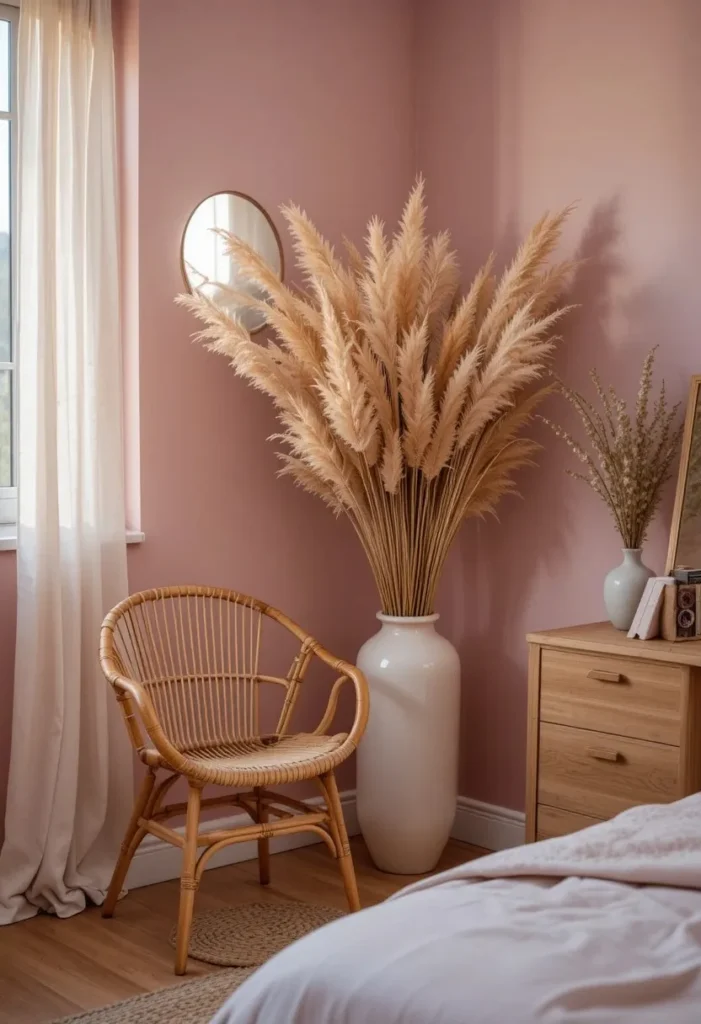 Dried pampas grass bringing soft natural texture to a pink boho bedroom.