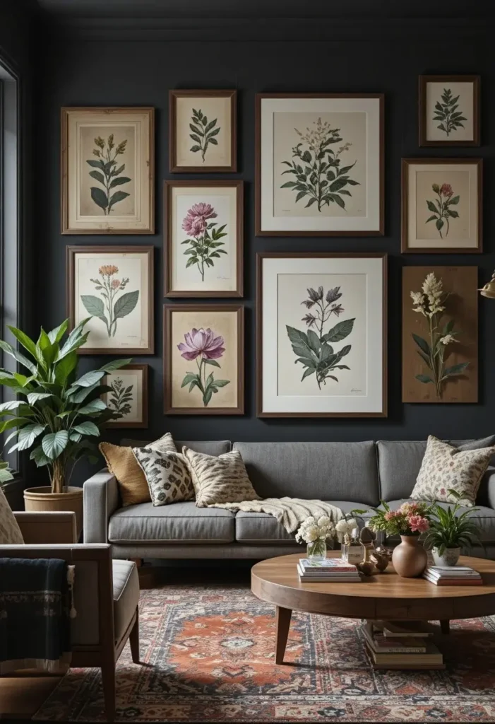 Gallery wall featuring vintage artwork in a dark boho living room.