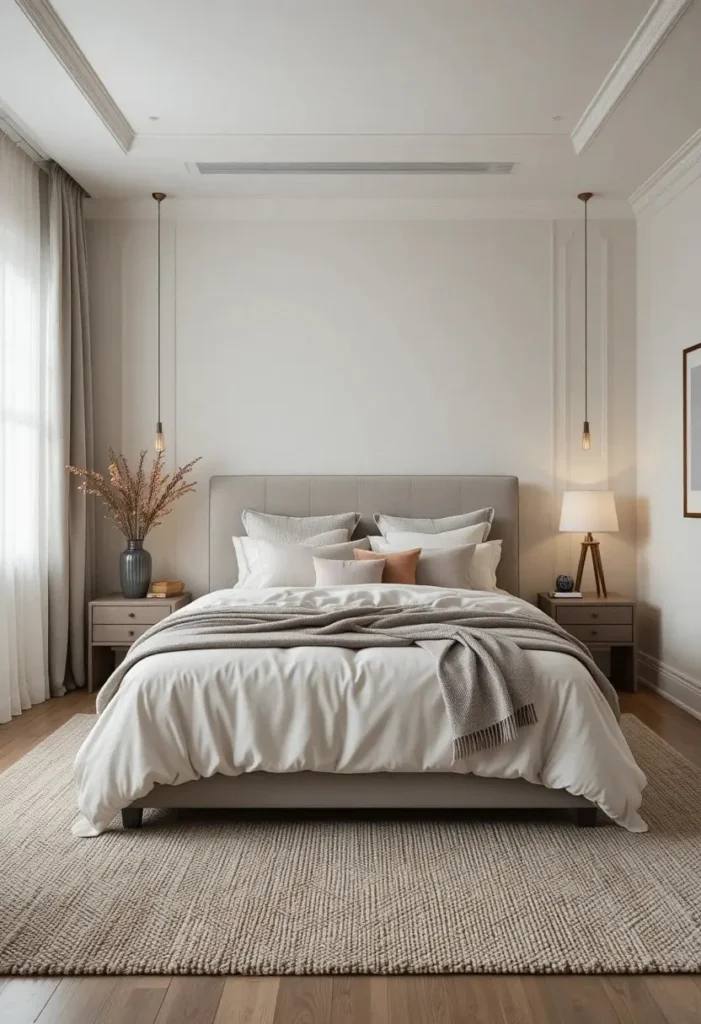 Quiet couples bedroom with thick rugs, upholstered headboard, and blackout curtains.