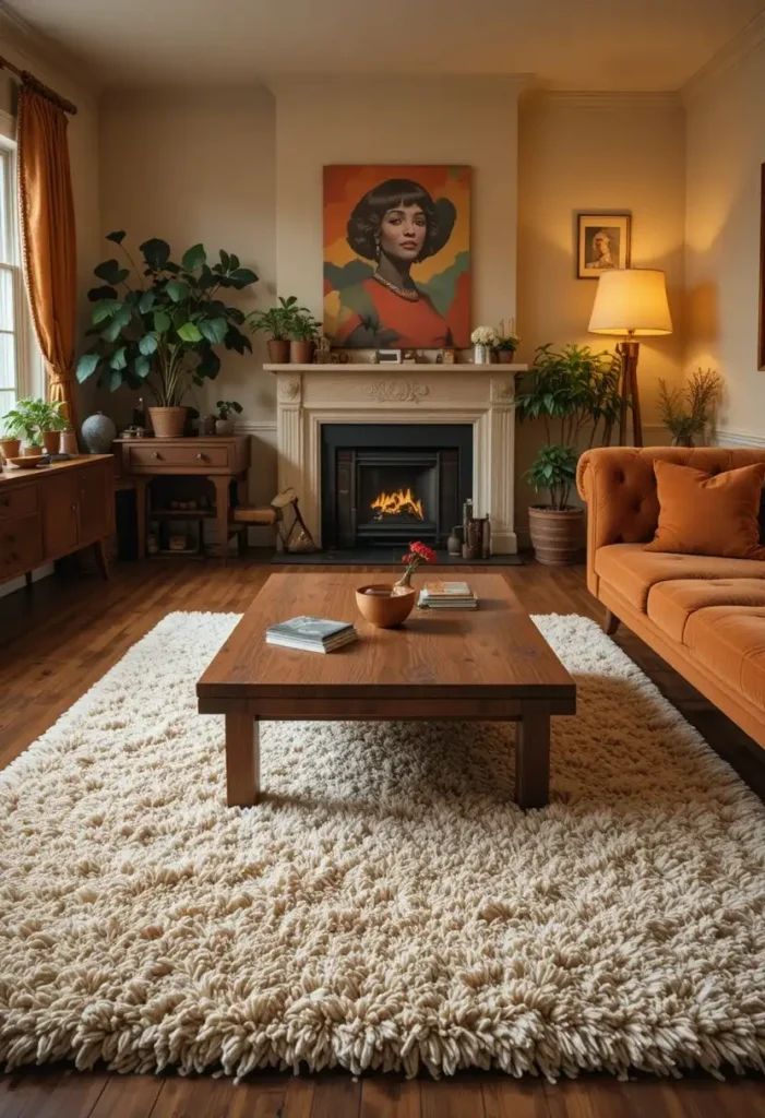 Cream shag rug adding soft texture to a cozy retro living room.