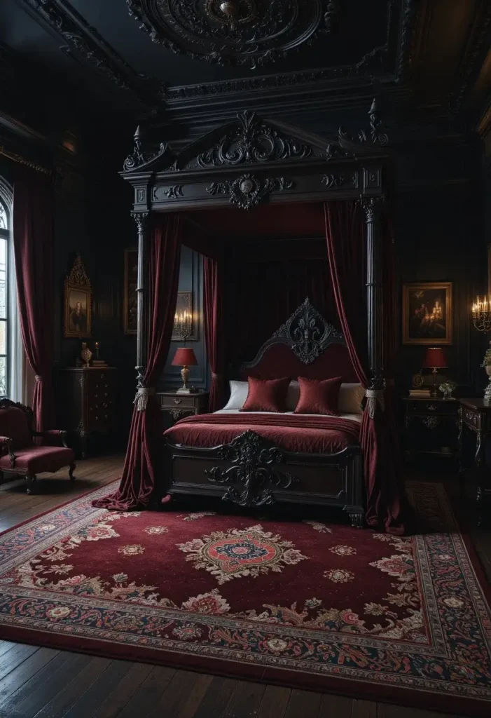 Deep red rug grounding the luxurious gothic bedroom design.