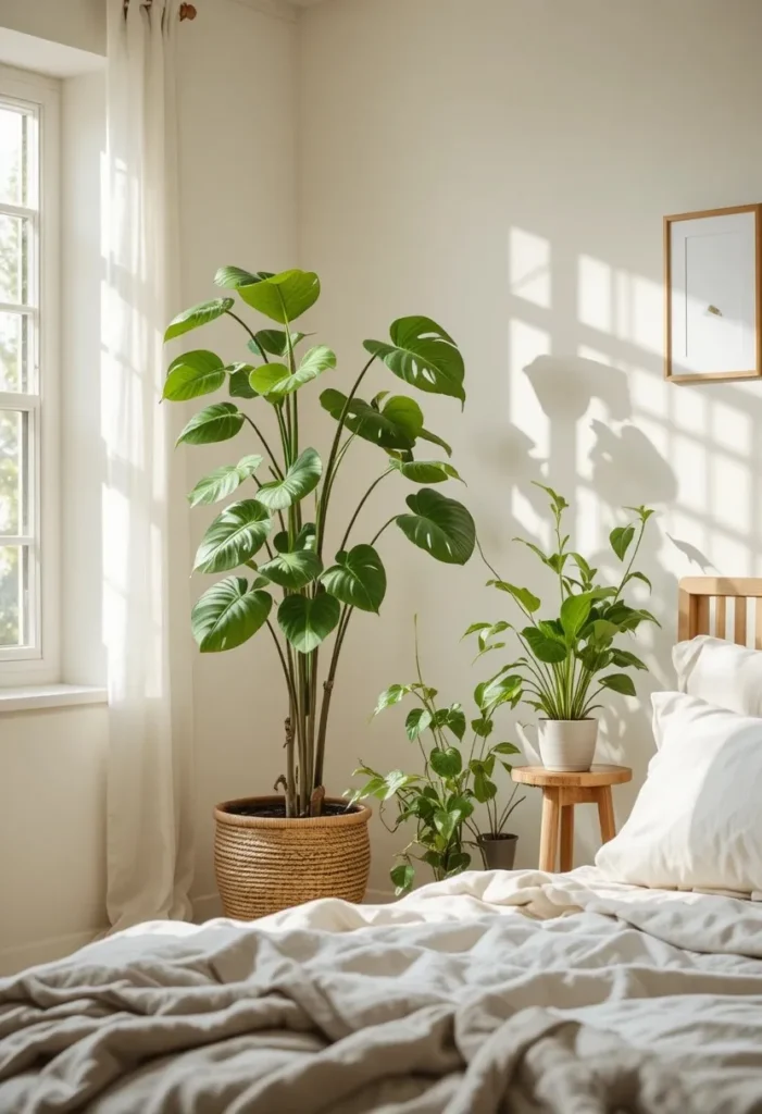Bedroom corner decorated with lush indoor plants and natural textures.
