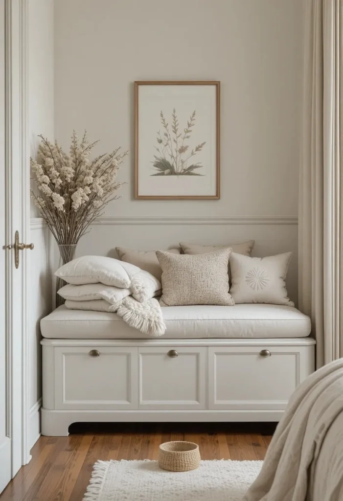 Storage bench adding seating and organization to a bedroom corner.