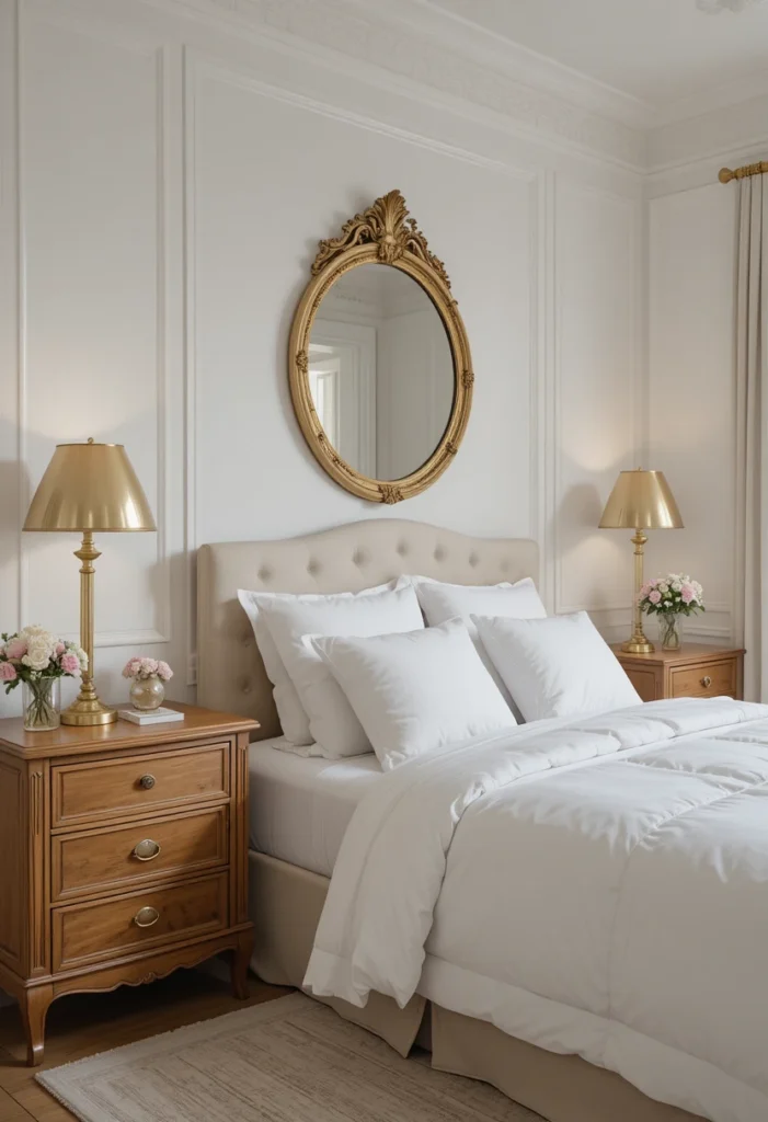 Brass accents adding warmth and elegance to a white bedroom.