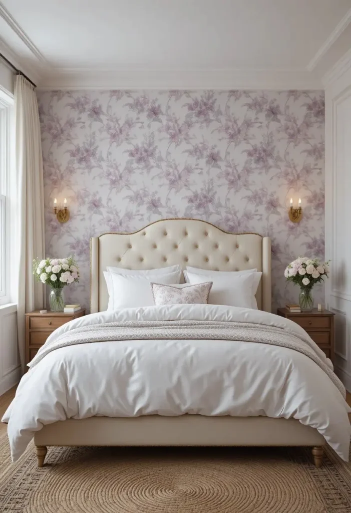 Floral lavender wallpaper creating a romantic bedroom accent wall.