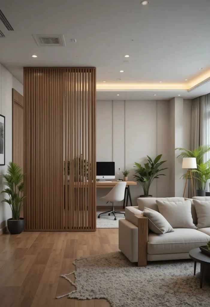 Home office hidden behind a decorative room divider in the living room.