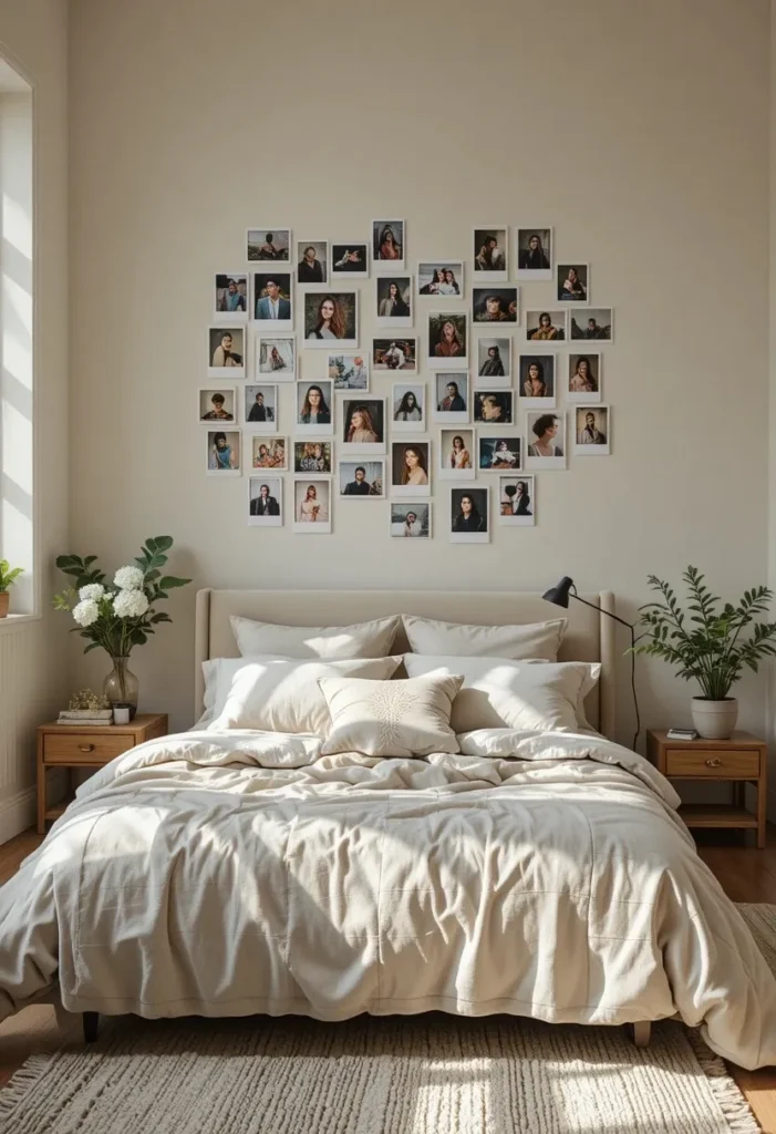 Polaroid photo wall adding a fun and personal touch to a bedroom.