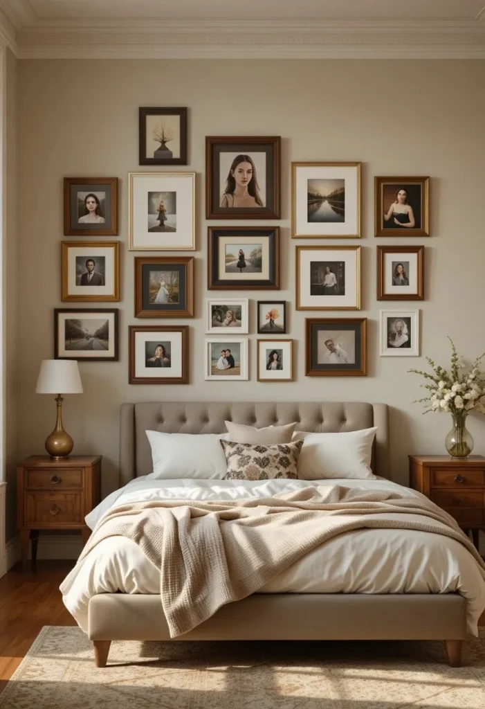 Mixed picture frames creating a charming gallery wall in the bedroom.