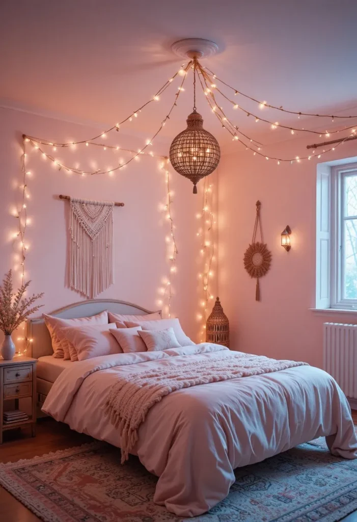 Fairy lights creating a cozy and magical pink boho bedroom.
