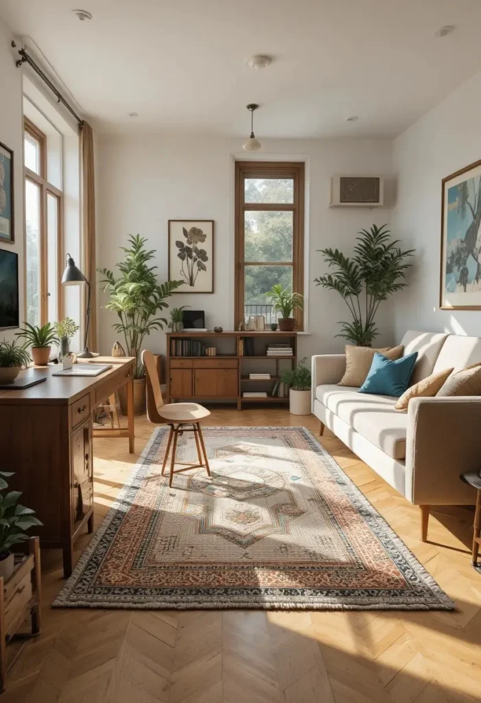 Area rug defining a dedicated workspace within a modern living room.