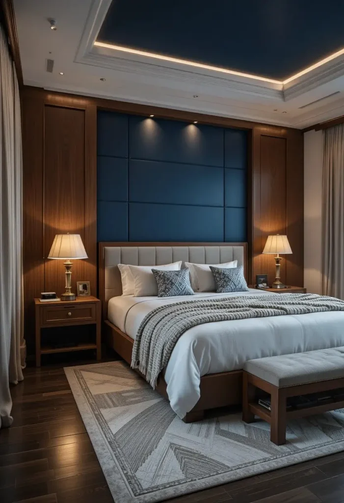 Moody indigo accent wall with warm wood furniture and cozy lighting.