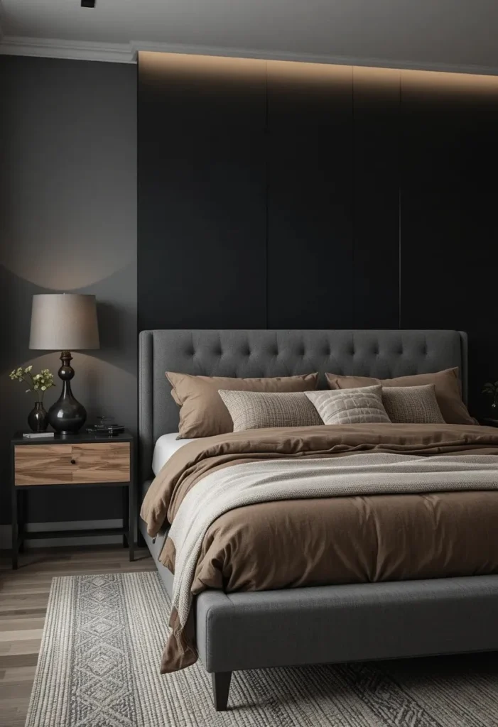 Charcoal nightstands with walnut tops beside a cozy black and brown bed.