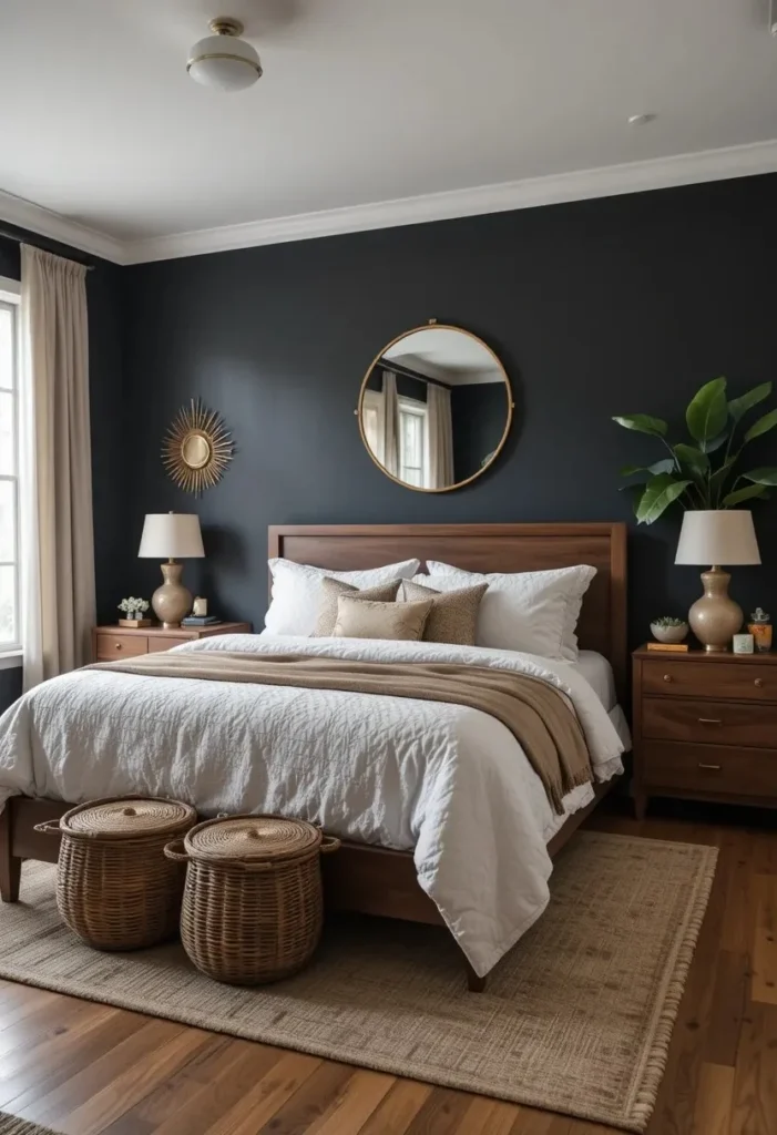 Warm walnut wood furniture contrasting beautifully against dark bedroom walls.
