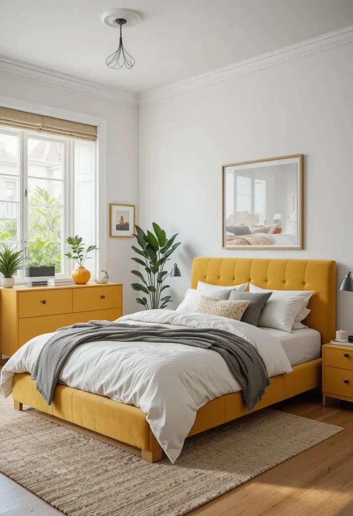 Color-blocked mustard dresser adding playful personality to a bedroom.