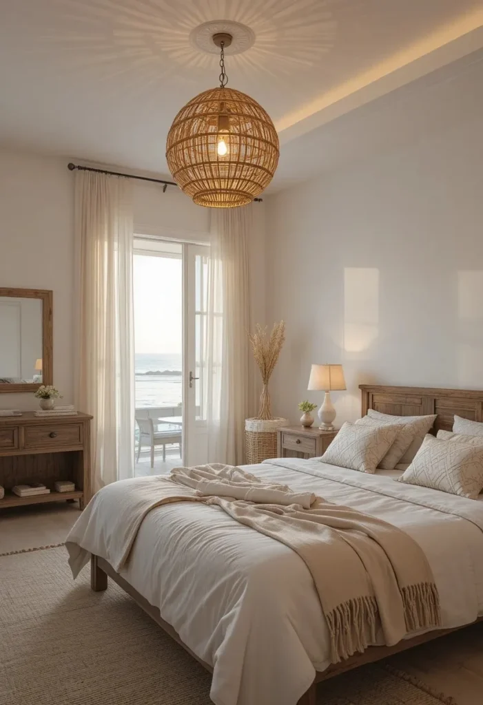 Rattan pendant light creating a warm and cozy glow in a coastal bedroom.