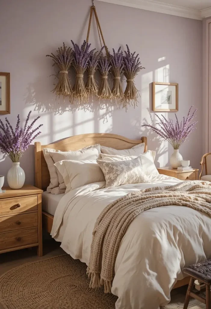 Dried lavender bundles decorating a peaceful lavender bedroom.