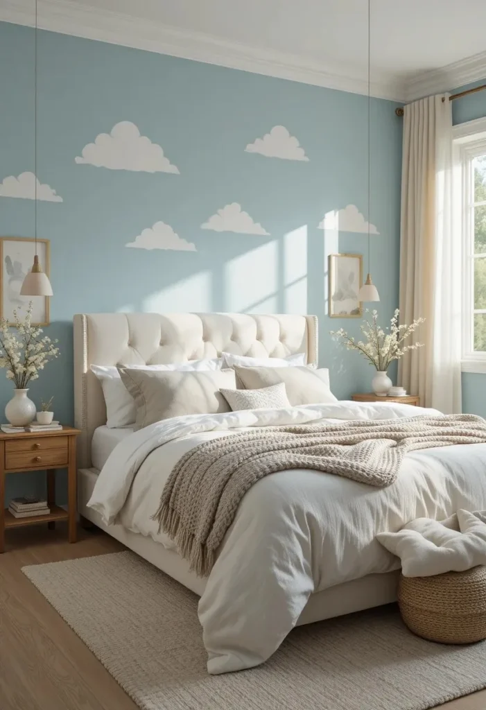 Pale blue accent wall featuring soft hand-painted white clouds.