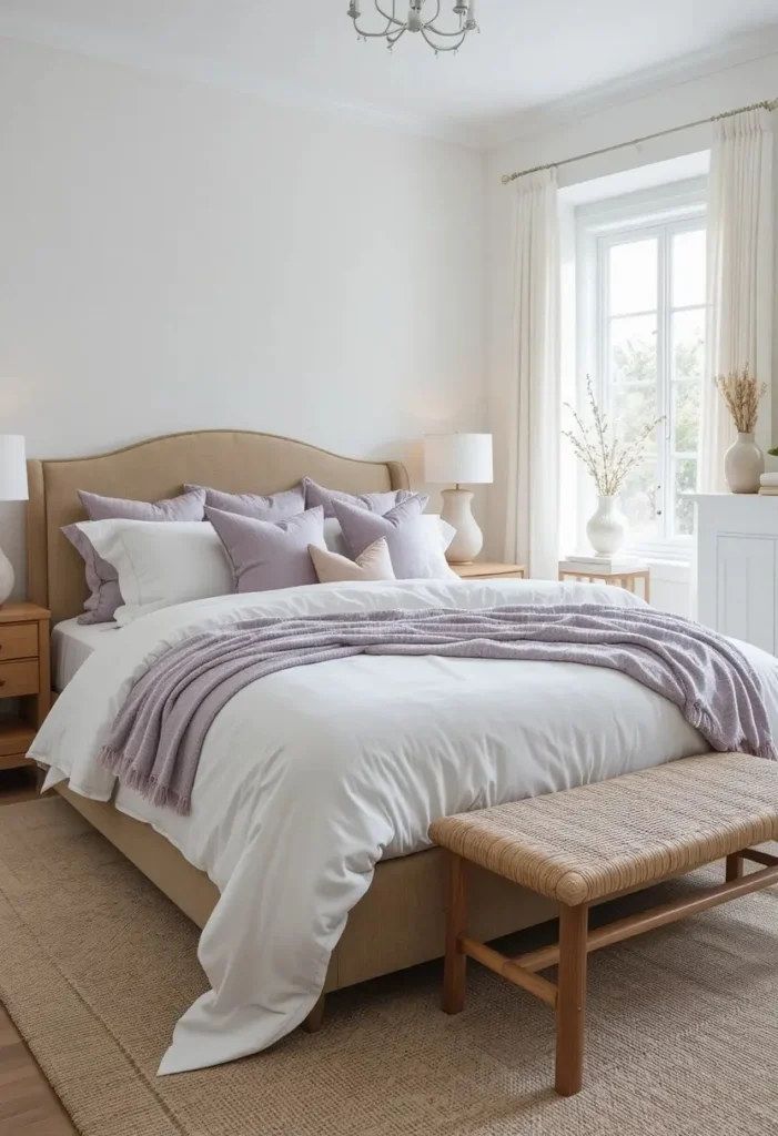 Lavender throw pillows adding soft color to a neutral bedroom.