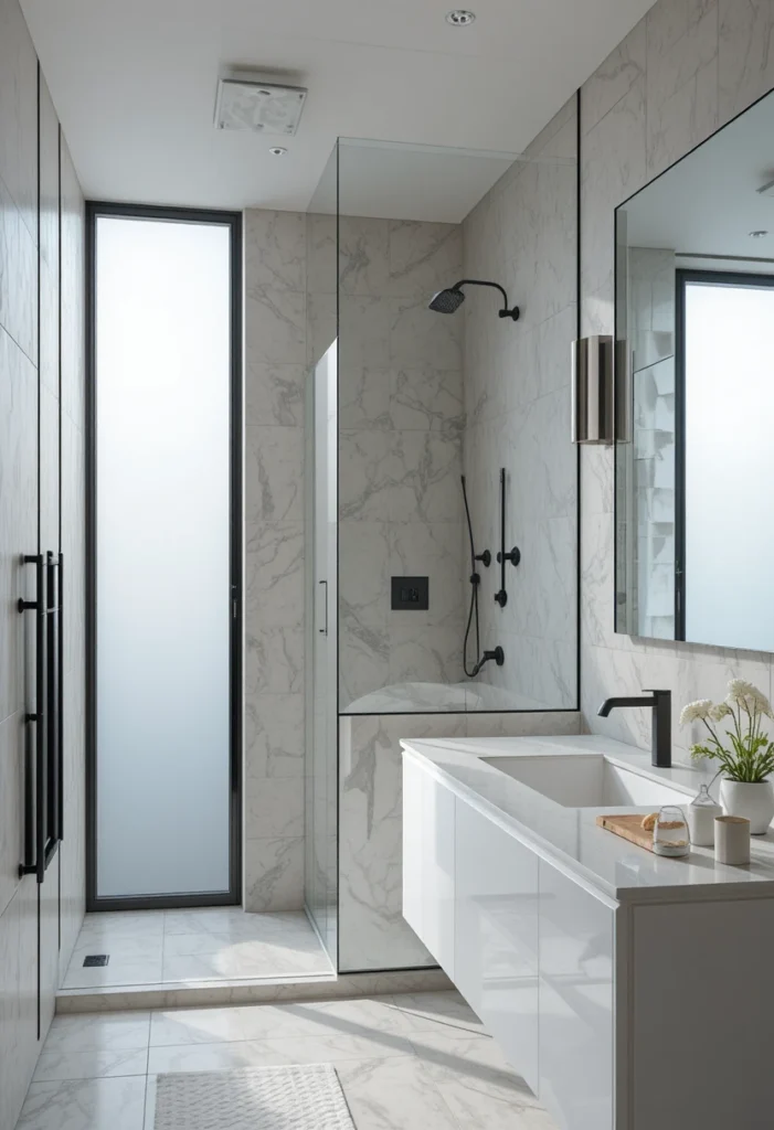 A warm spa-style bathroom with woven bamboo Roman shades layered beneath soft ivory linen curtain panels. Light oak vanity, white vessel sink, stone countertop, matte brass fixtures, green potted plant, rolled towels, natural textures throughout, sunlight filtering through bamboo shades, peaceful organic design, ultra-realistic, full bathroom interior.