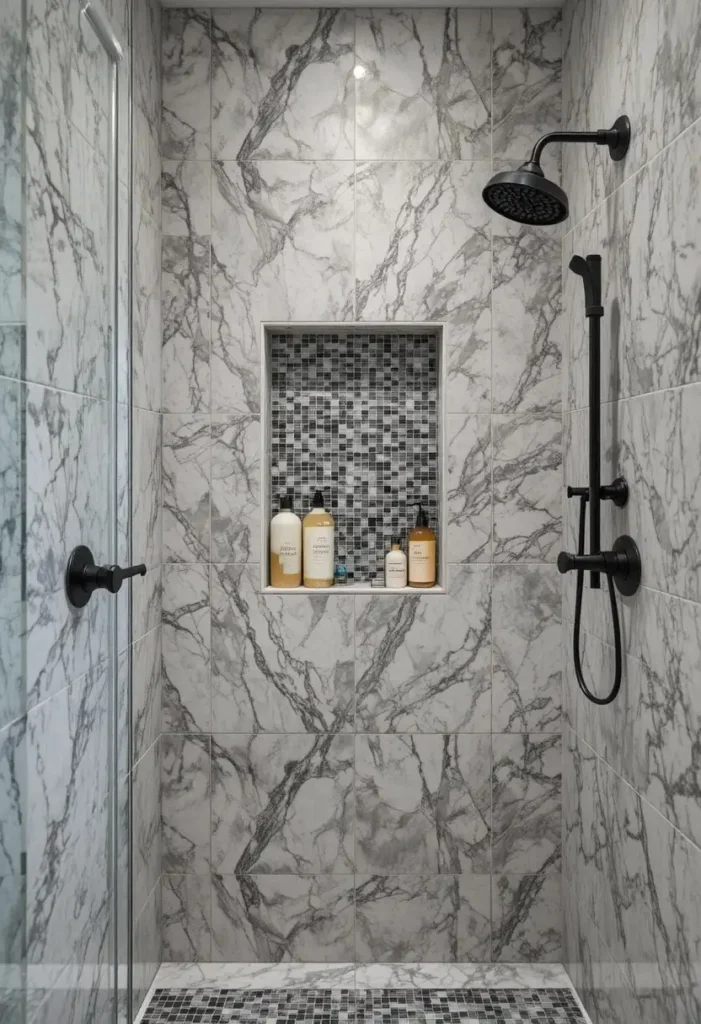 Recessed shower niche providing built-in storage for toiletries.