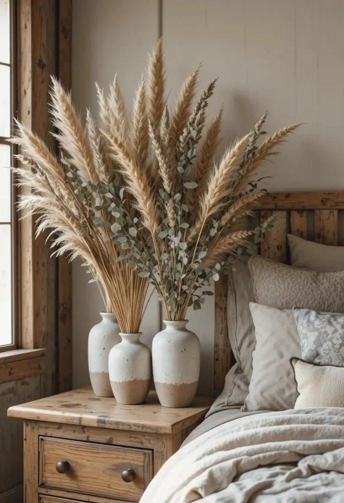 Dried botanicals in ceramic vases completing a cozy rustic bedroom design.