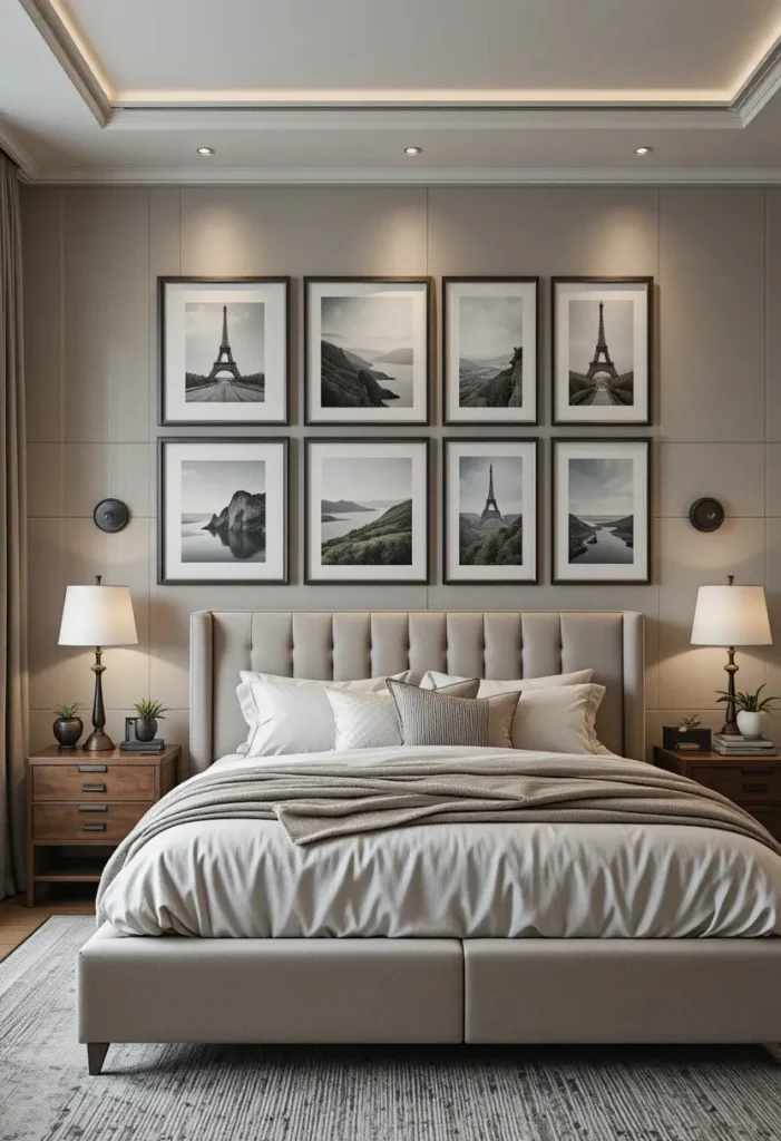 Couples bedroom with a stylish gallery wall above the bed featuring framed memories.