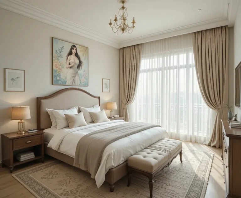 Full view of bedroom with beautiful bedroom curtain look