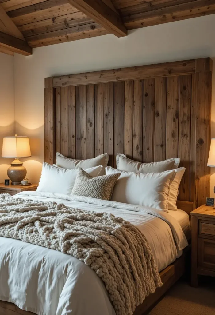 Reclaimed wood headboard creating a timeless rustic bedroom focal point.