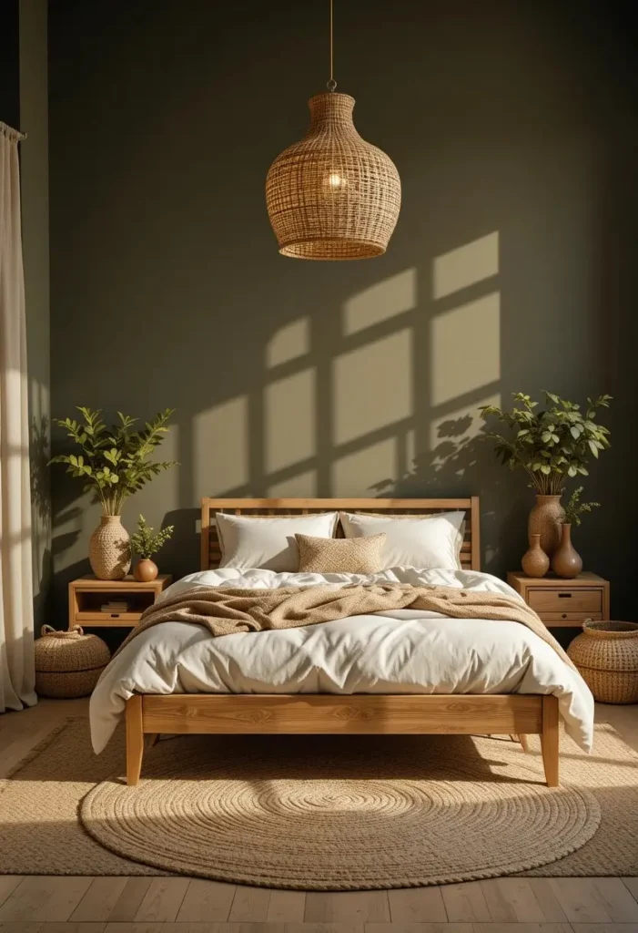 Woven rattan pendant light illuminating a cozy dark boho bedroom.