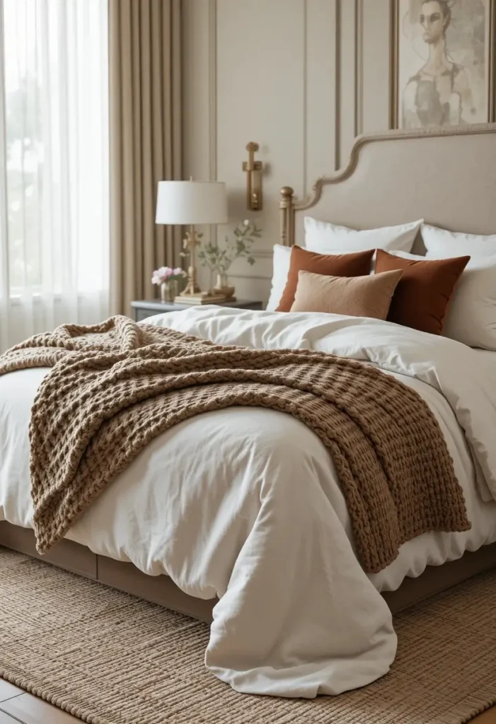 Layered bedding with linen, knit throws, and velvet pillows creating a luxurious bedroom.