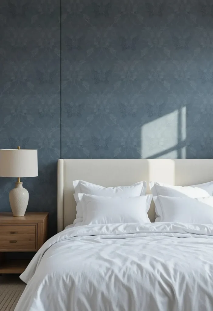 Slate blue grasscloth wallpaper adding texture to a peaceful bedroom.