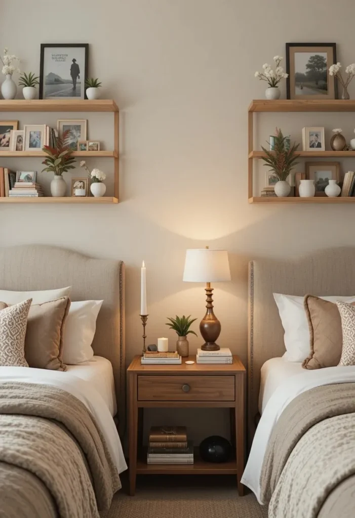 Matching nightstands personalized with books, photos, and decorative accessories.