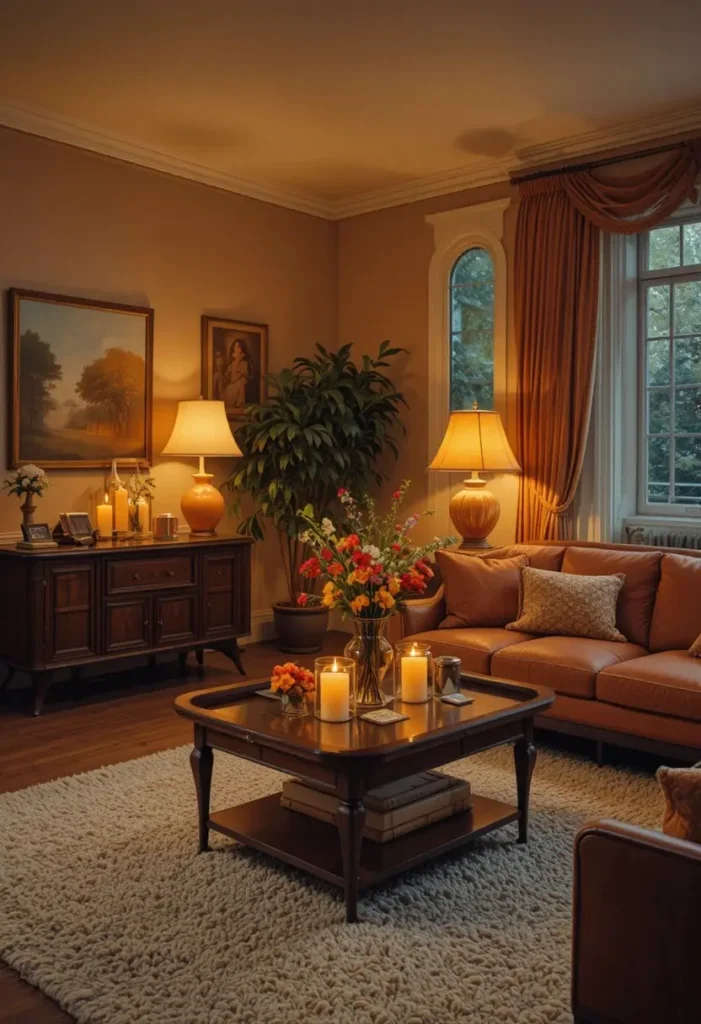 Warm layered lighting creating a cozy vintage 70s living room.
