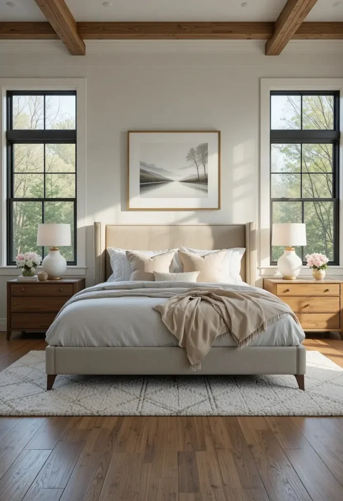Matching nightstands on both sides of the bed creating a balanced couples bedroom design.
