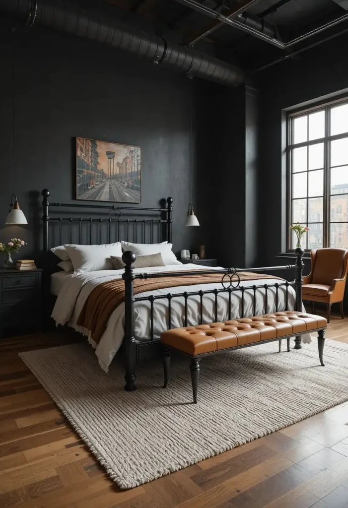 Black iron bed with tan leather furniture in a modern industrial bedroom.