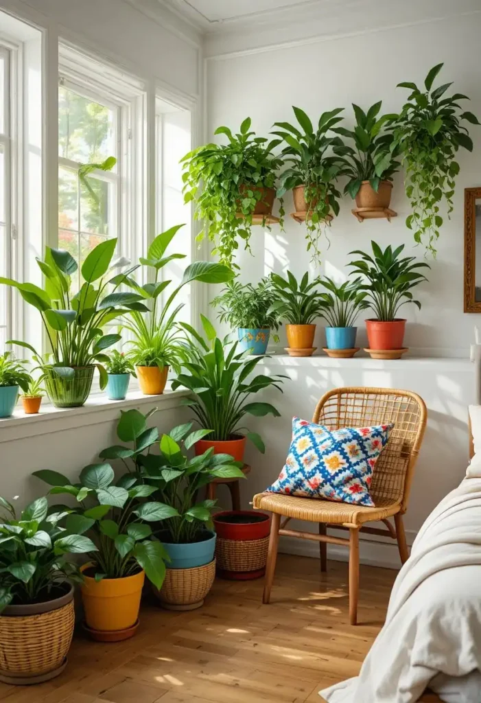 Indoor plants in colorful pots creating a lively rainbow-inspired bedroom corner.