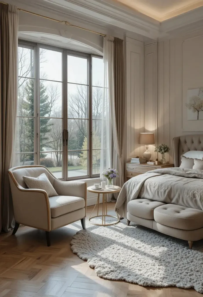 Couples bedroom featuring two cozy reading chairs beside the window.