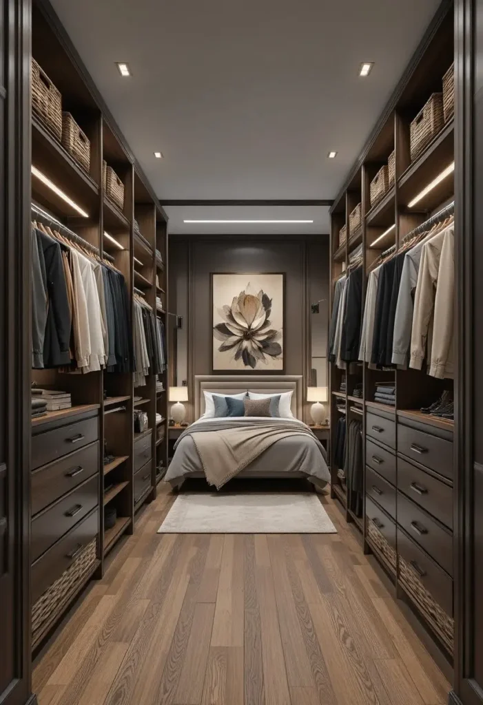 Organized walk-in closet with separate storage zones for each partner.