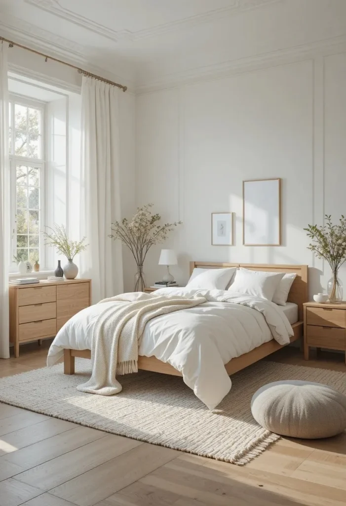 Minimalist white curtains creating a calm and airy bedroom retreat.