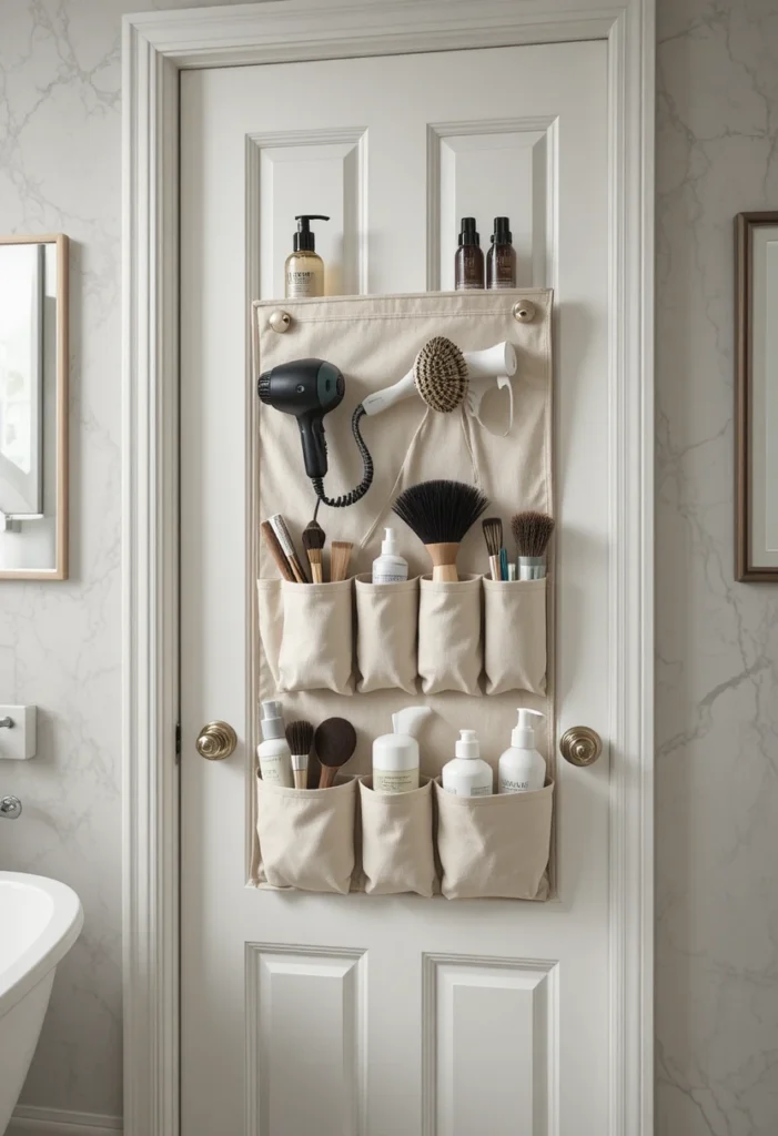 Over-the-door organizer maximizing storage in a small bathroom.