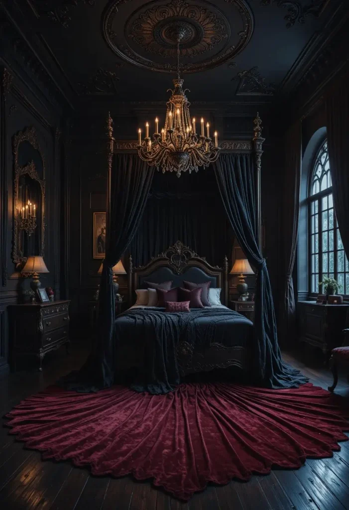 Floor-to-ceiling black velvet curtains creating dramatic gothic elegance.