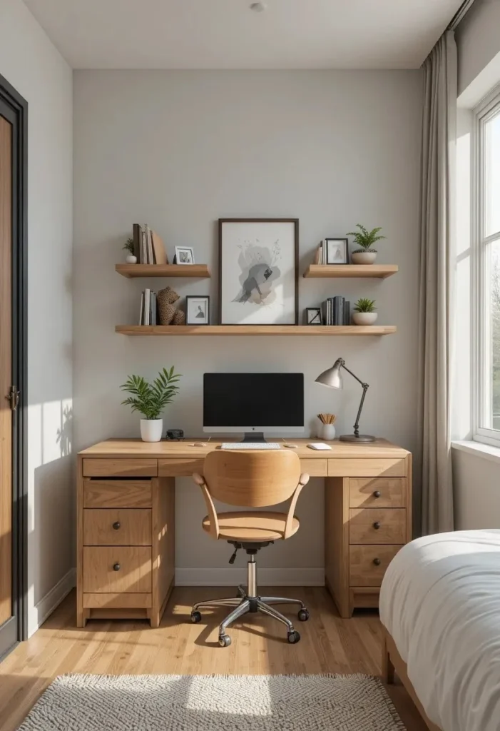 Small home office neatly arranged in a bedroom corner.