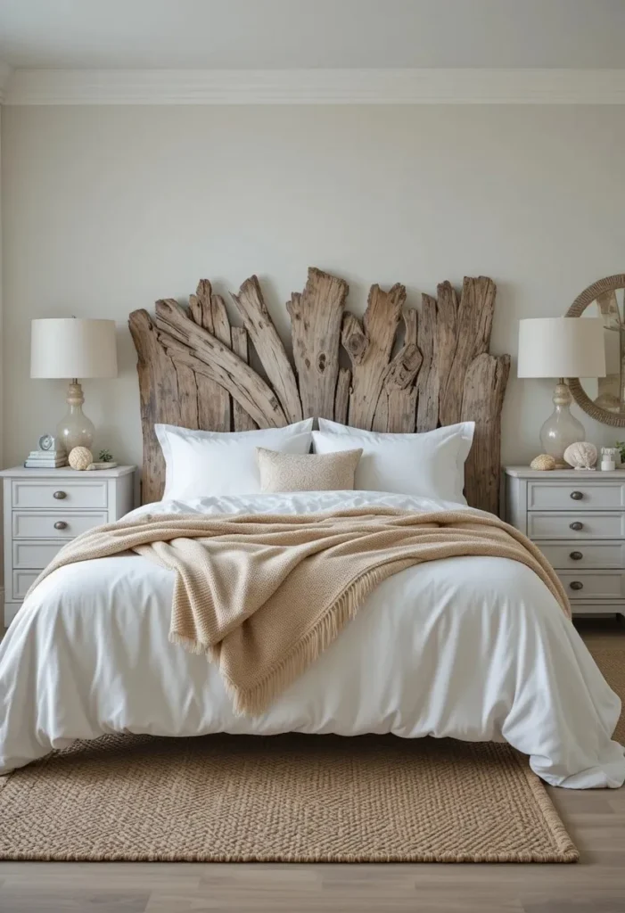 Weathered driftwood headboard adding natural coastal texture to a beach bedroom.