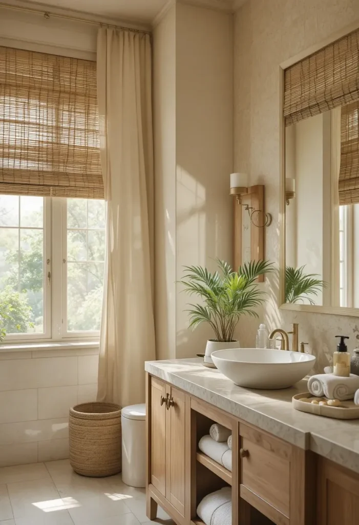 Bamboo Roman shades layered with linen curtains in a relaxing spa bathroom.