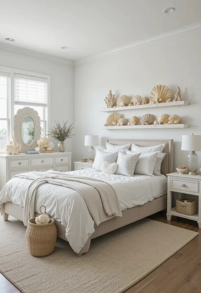 Coral and shell decorations adding seaside character to a coastal bedroom.