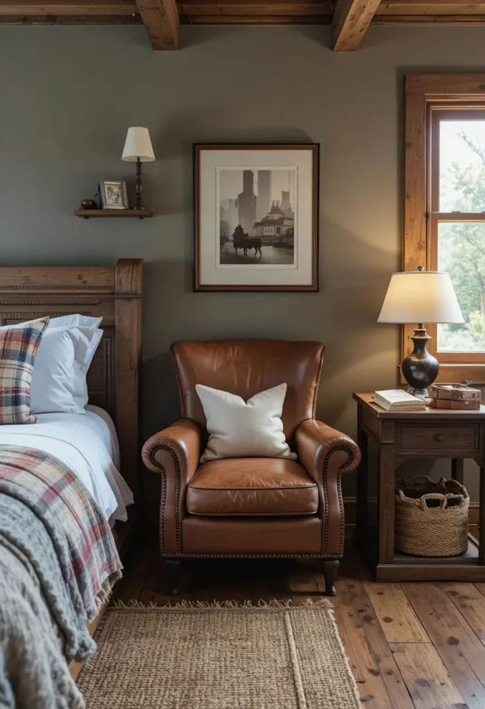 Vintage leather accent chair creating a cozy reading nook in a rustic bedroom.