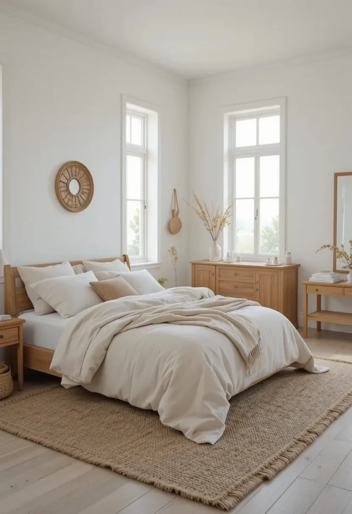 Beach bedroom with soft white walls and sandy beige bedding for a calm coastal look.
